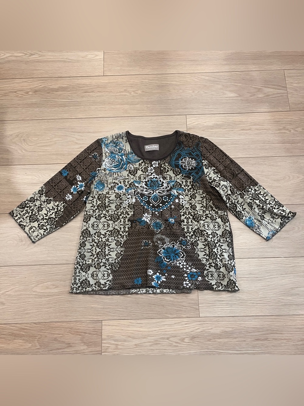 Tanjay Y2K Mesh Floral Patchwork Rhinestone Top Brown Blue Boho Artsy Women L